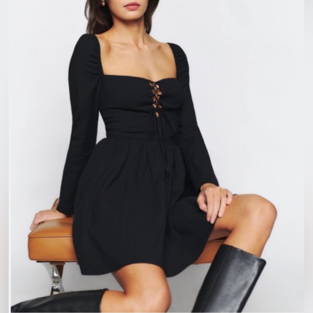 Reformation Black Mini Dress with Puff Sleeve and Tie Front